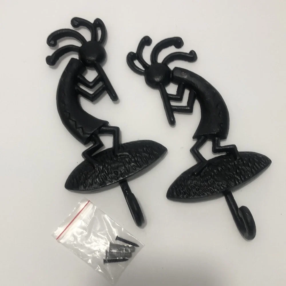 Kokopelli Set Of Two Black Cast Iron Wall Hangings With Coat Hooks